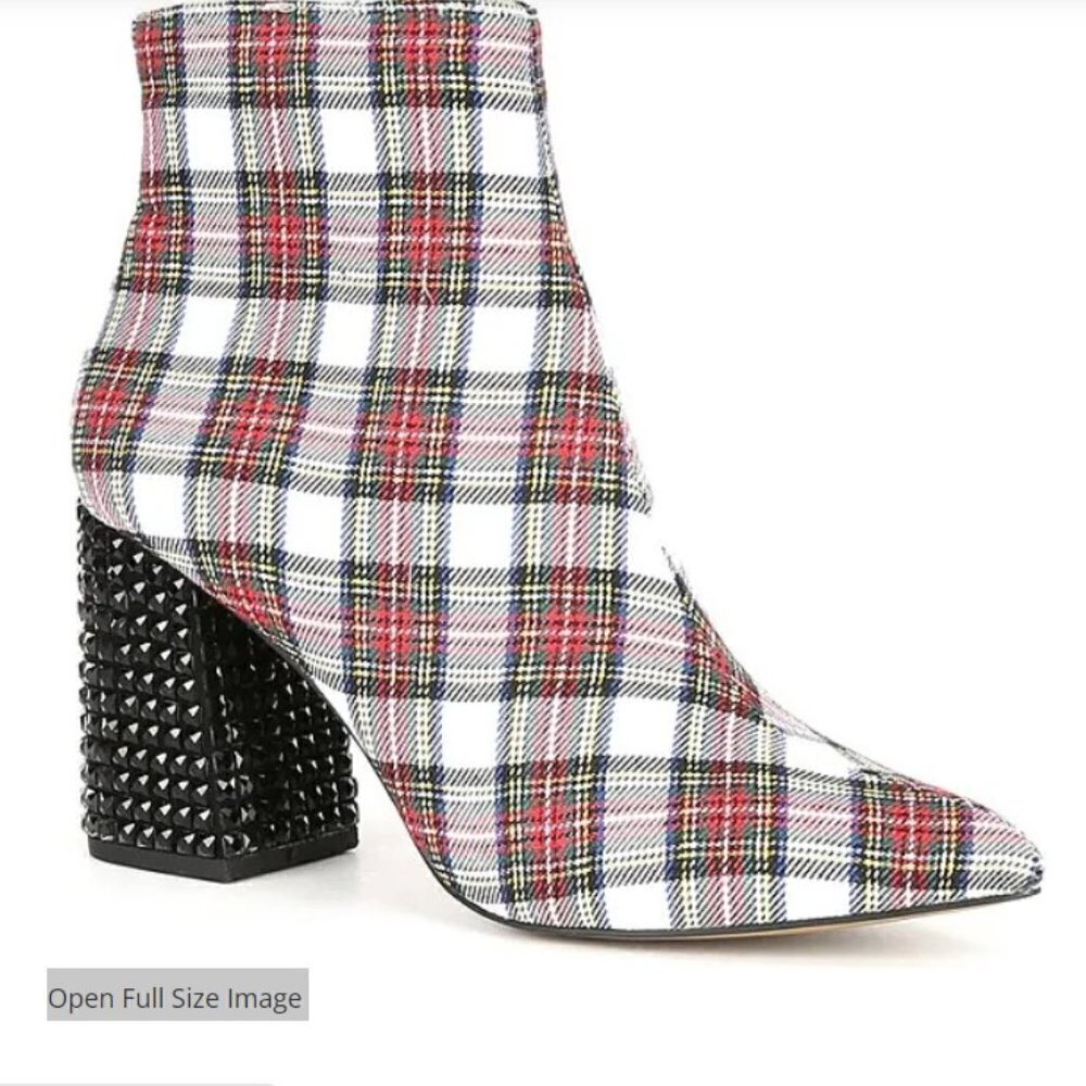 BETSEY JOHNSON Kassie Beaded Heel Dress Booties tartan plaid bling Rhinestone